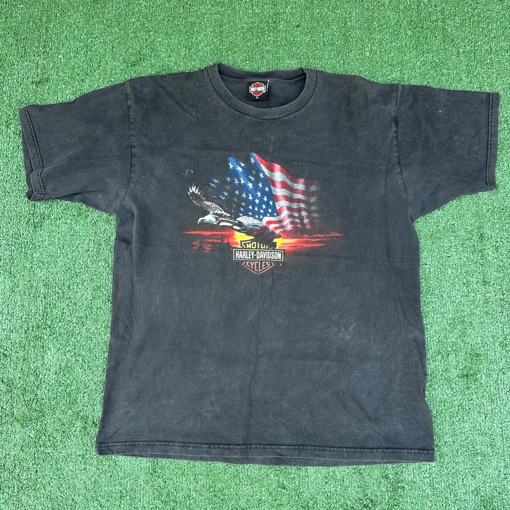 Y2K Harley-Davidson Eagle American Flag BlackTee Shirt Size XL